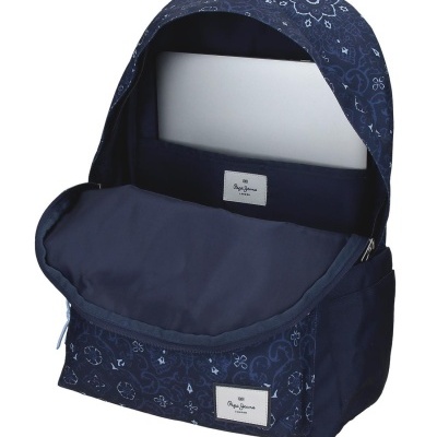 Mochila azul escuro com padrão floral e etiquetas Pepe Jeans LONDON