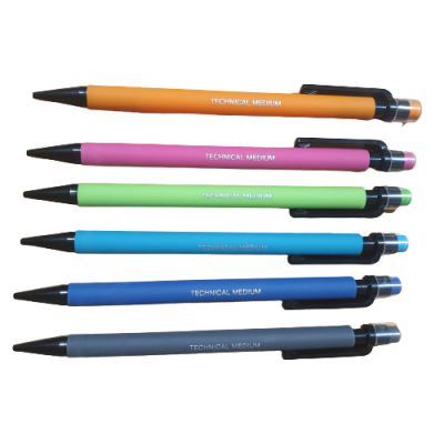 Seis canetas técnicas médias coloridas alinhadas