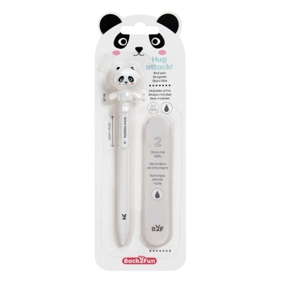 Caneta esferográfica branca com cabeça de panda e embalagem com tema panda
