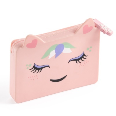 Estojo rosa com design de unicórnio e fecho de correr
