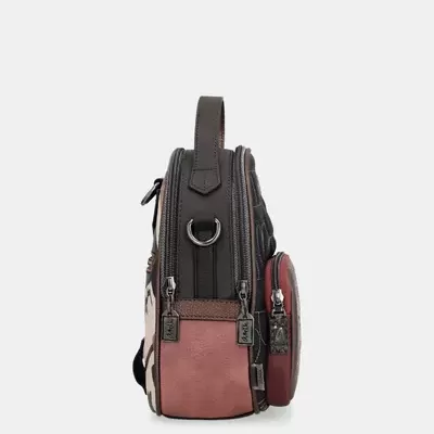 Mochila pequena castanha e rosa com fechos metálicos e bolso lateral redondo