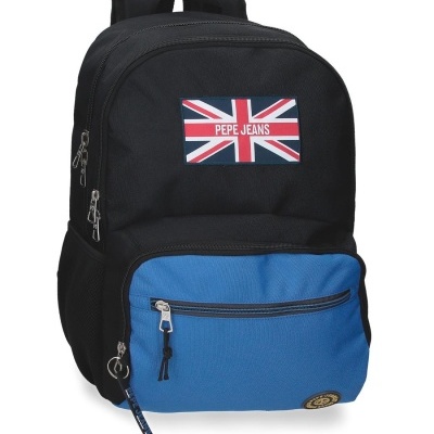 Mochila preta e azul com etiqueta PEPE JEANS e bandeira do Reino Unido