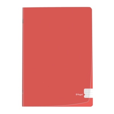 Caderno com capa vermelha e etiqueta branca na parte inferior direita.