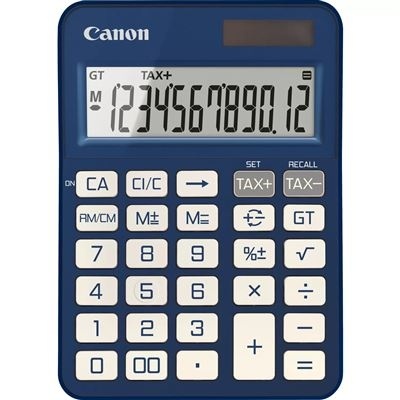 Calculadora Canon azul e branca com visor digital e botões numéricos e funcionais