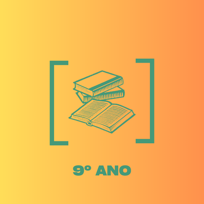 Ícone verde de livros empilhados e abertos com texto '9º ANO' em fundo laranja amarelo