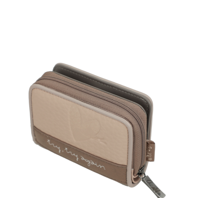 Carteira pequena castanha e bege com fecho e relevo de mão