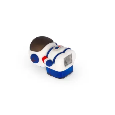 Figura de astronauta em plástico branco, azul e vermelho com visor escuro