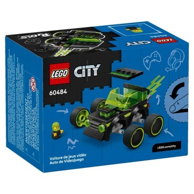 Caixa LEGO City 60484 com carro preto e verde de jogos vídeo e mini figura.