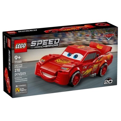 Caixa de LEGO Speed Champions com o carro Lightning McQueen vermelho em destaque