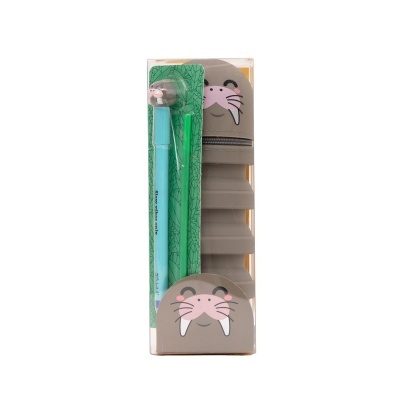 Conjunto de artigos escolares com estojo cinzento com rosto de morsa e caneta azul e lápis verde