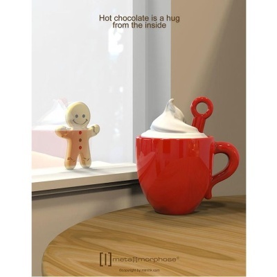 Caneca vermelha com chantilly e colher, figura de biscoito sorridente, texto motivacional