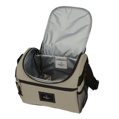 Bolsa térmica bege com interior cinzento e fecho de zíper