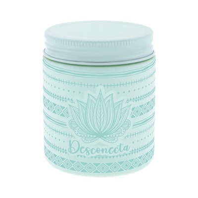 Frasco transparente azul claro com tampa branca e padrão geométrico