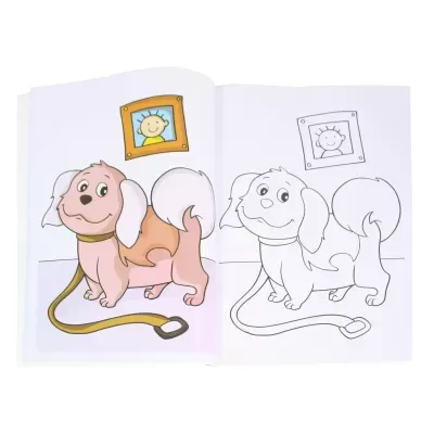 Desenho de cão sorridente com coleira e trela, uma versão a cores e outra a preto e branco, em página de livro para colorir