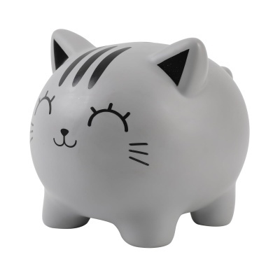 Cofre formato gato cinzento com detalhes pretos