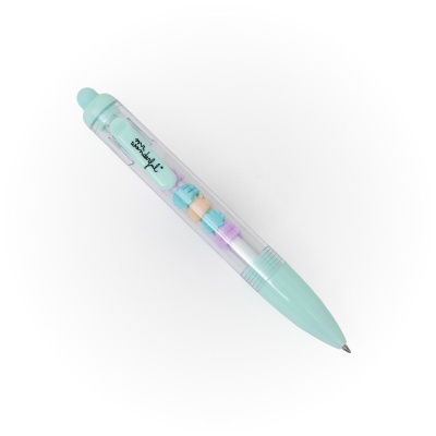 Caneta esferográfica azul claro com decoração interior colorida e texto wonderful* no clipe