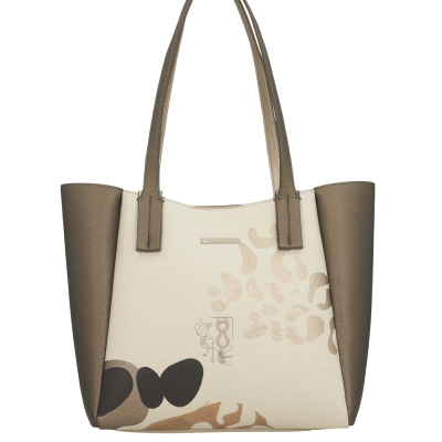 Mala de senhora castanha e bege com padrão abstracto e alças longas