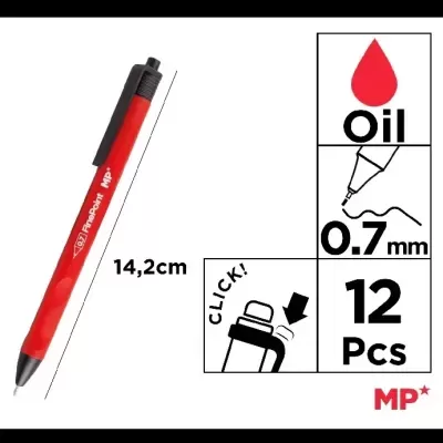 Caneta de tinta óleo vermelha MP Playcolor Mini 14,2 cm com ponta 0,7 mm e clique, embalagem 12 unidades