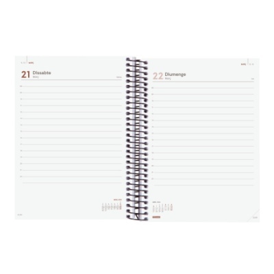 Agenda diária aberta com páginas do dia 21 e 22 em branco, encadernação espiral preta