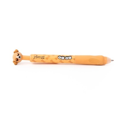 Caneta laranja com cabeça de cão no topo