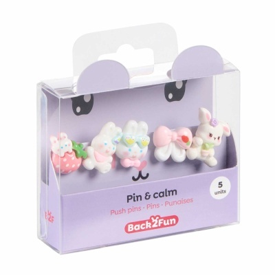 Conjunto de 5 alfinetes decorativos com modelos de coelhos e laço em embalagem lilás transparente