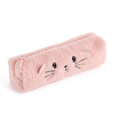 Estojo peludo cor-de-rosa com fecho e desenho facial de rato