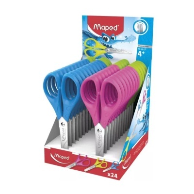 Caixa com tesouras Maped azuis e rosas em exposição