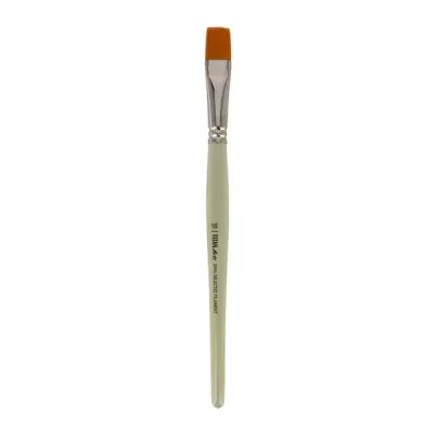 Pincel de pintura branco com cerdas amarelas e texto no cabo