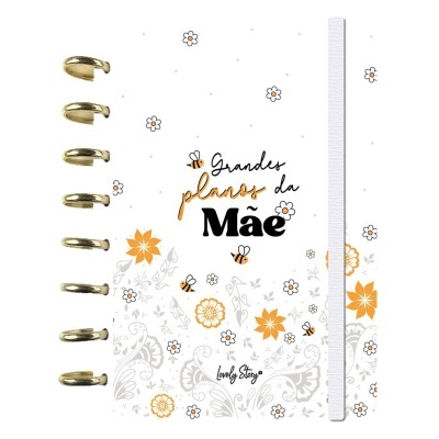 Caderno branco com flores laranja e cinza, abelhas e texto em português na capa