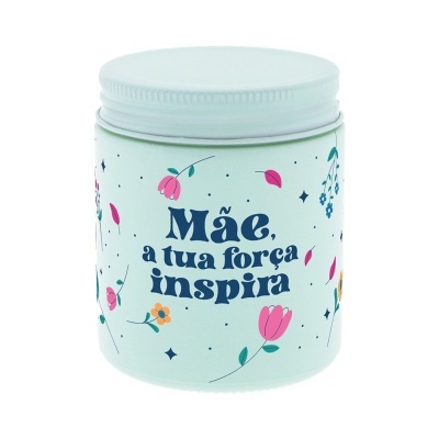 Pote plástico azul claro com tampa branca e texto decorativo para mãe