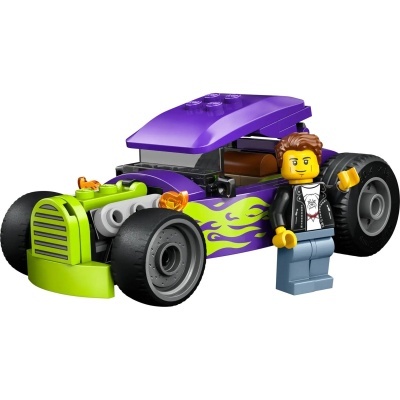 Brinquedo LEGO carro desportivo roxo com minifigura