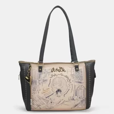 Mala de ombro feminina preta com estampa frontal artística e alças pretas