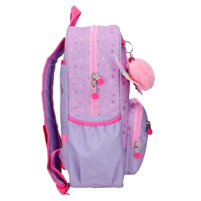 Mochila infantil lilás com detalhes rosa e pompom cor-de-rosa