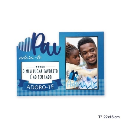 Moldura azul com texto e foto de pai com criança.