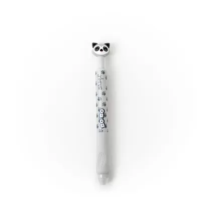 Caneta branca com topo decorativo de panda cinzento e padrão de patas