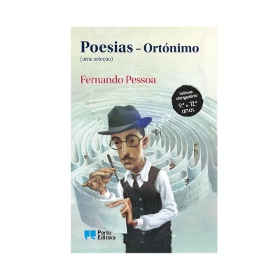 Capa do livro 'Poesias – Ortónimo' com ilustração de homem e labirinto