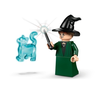 Figura LEGO de bruxa com gato translúcido azul e varinha mágica