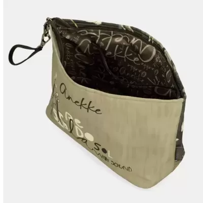 Bolsa tipo necessaire bege e castanha com fecho e alça pequena