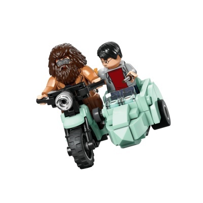 Conjunto LEGO com duas minifiguras numa mota com sidecar verde-água.