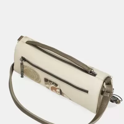 Mala de ombro retangular em couro branco com detalhes bege e castanho e padrão abstrato