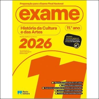 Capa do livro Preparação para o Exame Final Nacional História da Cultura e das Artes 2026 11.º ano com t-shirt laranja em fundo amarelo