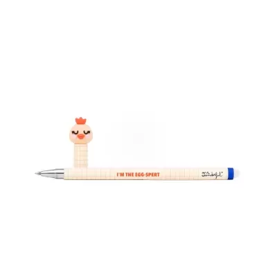 Caneta com cabeça de galinha e corpo bege com padrão de grelha