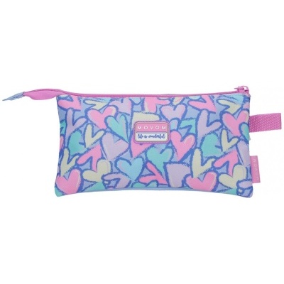 Estojo com padrão de corações em tons pastel e fecho rosa