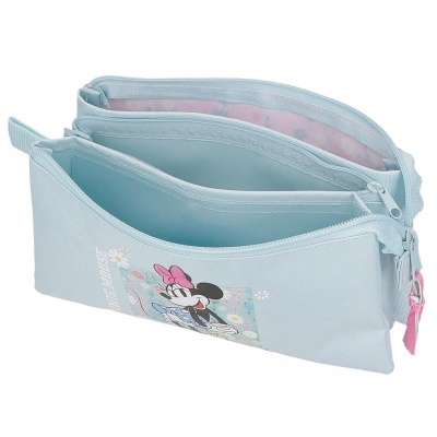 Estojo escolar azul claro com imagem da Minnie e dois compartimentos