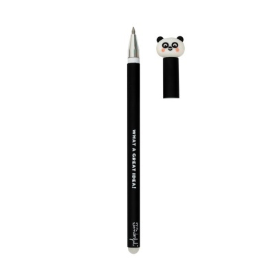 Caneta preta com tampa decorada com cabeça de panda e texto WHAT A GREAT IDEA!