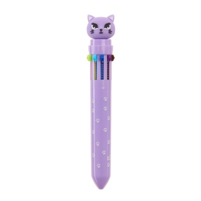 Caneta lilás com cabeça de gato e pegadas brancas