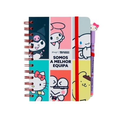 Agenda colorida Hello Kitty and Friends com personagens e caneta lilás