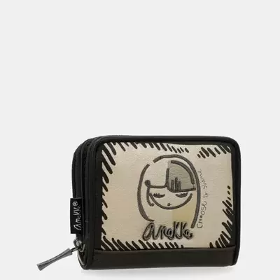 Carteira pequena bege e preta com ilustração e texto Anekke
