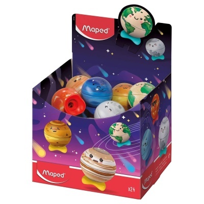 Apontadores de lápis Maped em forma de planetas coloridos numa embalagem roxa e vermelha