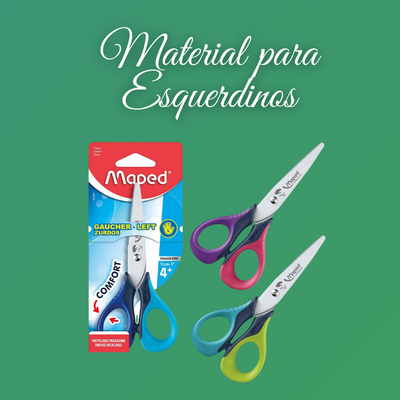 Tesouras para canhotos com cabos coloridos e embalagem da marca Maped